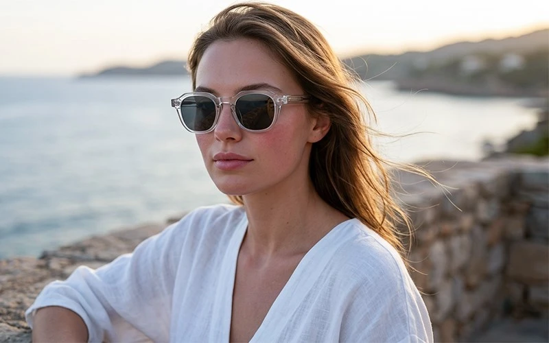 Woman-model-in-clear-transparent-acetate-octagonal-sunglasses-outdoor-coastal-sunset-eyewear-campaign Woman-model-in-clear-transparent-acetate-octagonal-sunglasses-outdoor-coastal-sunset-eyewear-campaign